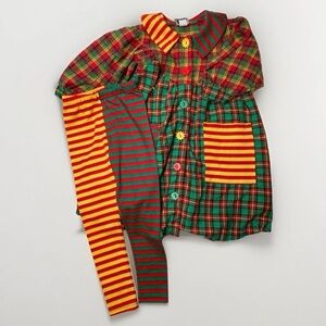 Vintage Zoodles Girls 5-6 Years Two Piece Outfit Dress Leggings Plaid Flowers